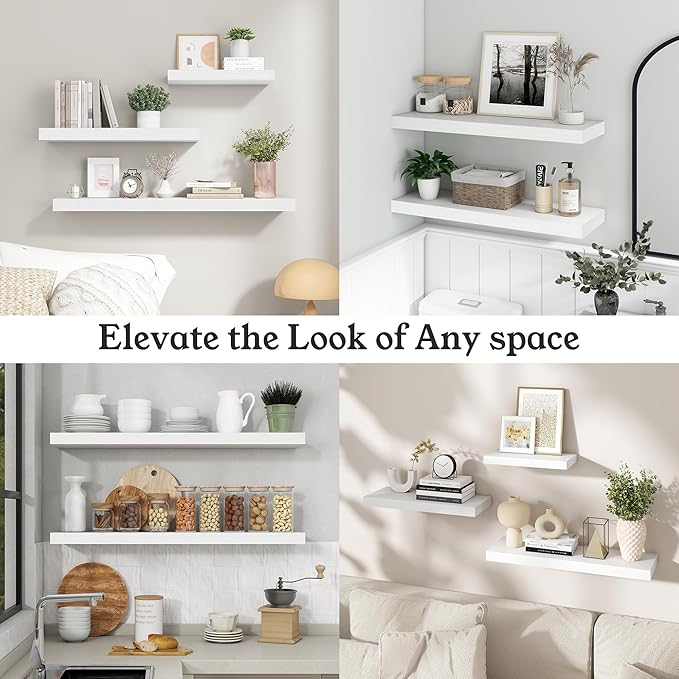 Floating Shelves for Wall, 9.3" Deep Wall Mounted Wood Shelves for Bathroom, Bedroom, Living Room, Kitchen, Hanging Shelf for Books/Storage/Room Decor (White 40")