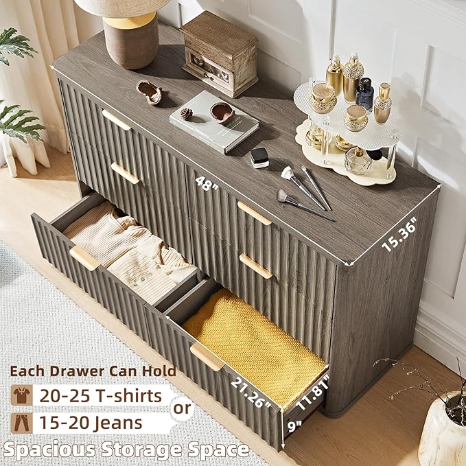 LEYAOYAO 48" Wide Fluted Dresser and 1 Drawers 23" Nightstand Set of 2, Wooden Dresser & Night Stand with Charging Station, 3 Piece Bedroom Furniture Set, Chest of Drawer for Living Room,Grey