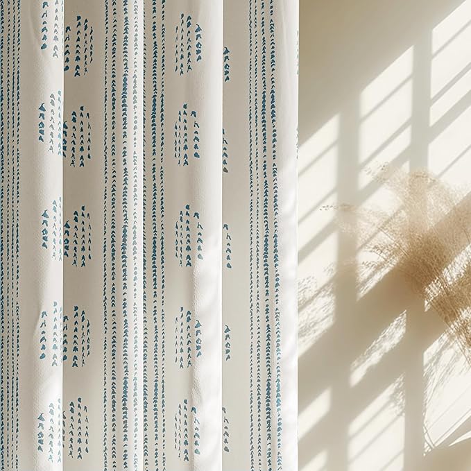 100% Boho Blackout Curtains 84 Inches Long for Bedroom, Blue on Beige Patterned Bohemian Curtains for Living Room, Geometric Striped Thermal Insulated Window Drapes Gromment Top 2 Panels