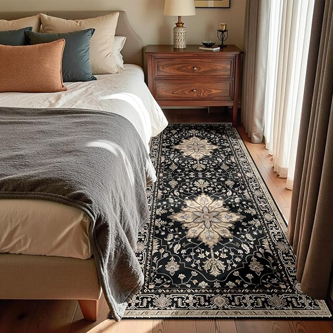 Area Rugs 3'x8' Washable Non-Slip, Floral Vintage Distress Print Pattern Medallion Carpet for Living Room Bedroom Dining Room, Black Brown Neutral Dark Tan
