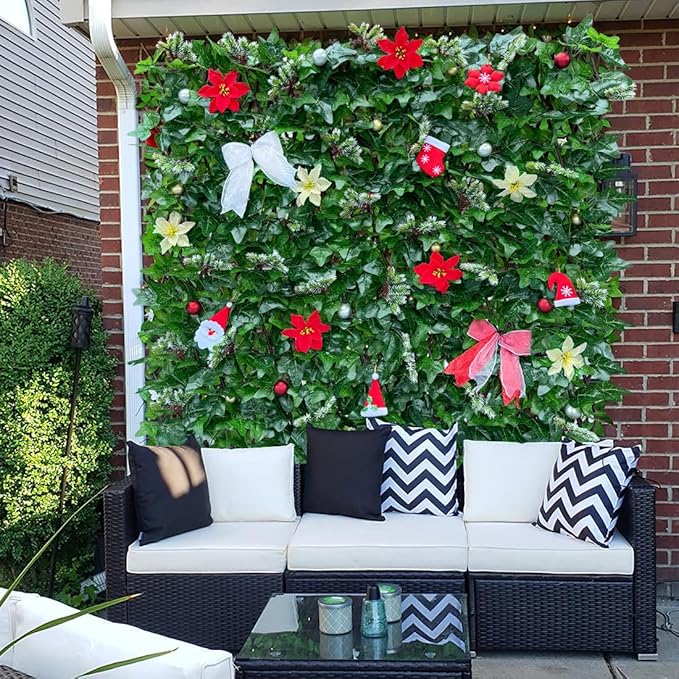 Sumery Expandable Fence Privacy Screen for Balcony Patio Outdoor,Decorative Faux Ivy Fencing Panel,Artificial Hedges (Single Sided Leaves) (2, Christmas-Ivy)