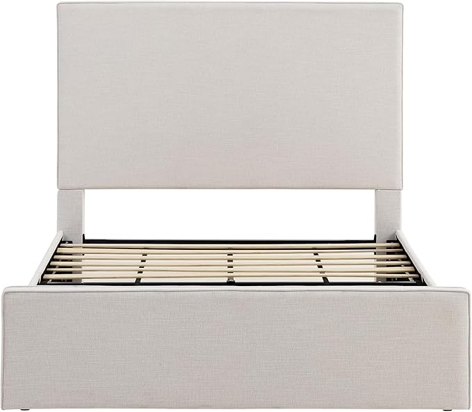 Queen Size Upholstered Bed Frame, 52" High Headboard Wingback Bedframe, Lucas Tall Headboard Floor Platform Beds, No Box Spring Needed No Noise/Minimalist, Textured Lvory Canvas Chenille