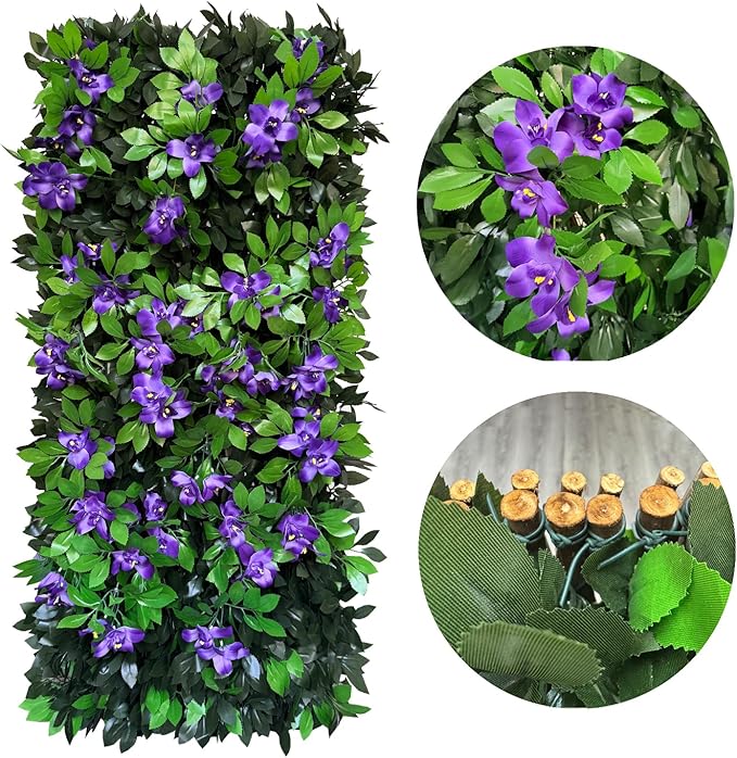 Sumery Expandable Fence Privacy Screen for Balcony Patio Outdoor,Decorative Faux Ivy Fencing Panel,Artificial Hedges (Single Sided Leaves) (1, Branches -Purple Fowers)