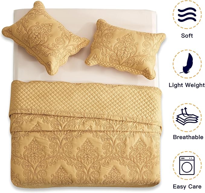 CHIXIN Oversized Bedspread Coverlet Set King Size - Lightweight Bedding Cover - Beautiful Stitching - 5 Piece Reversible Bedspread - Luxury Damask Paisley Pattern (King, Honey-Gold)