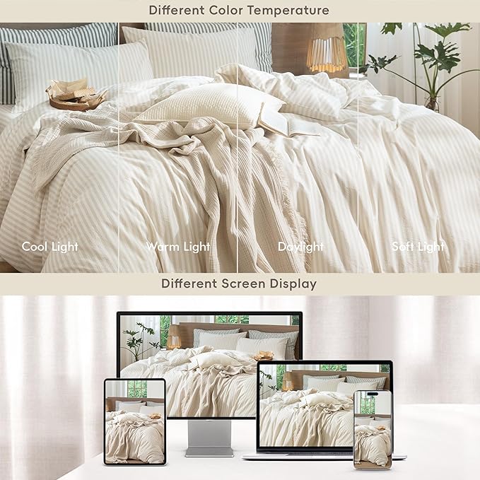 MooMee Striped Duvet Cover Set 100% Washed Cotton Linen Like Textured Breathable Durable Soft Comfy (Almond Milk Grey Classic Stripes, Super Queen 90"x98")