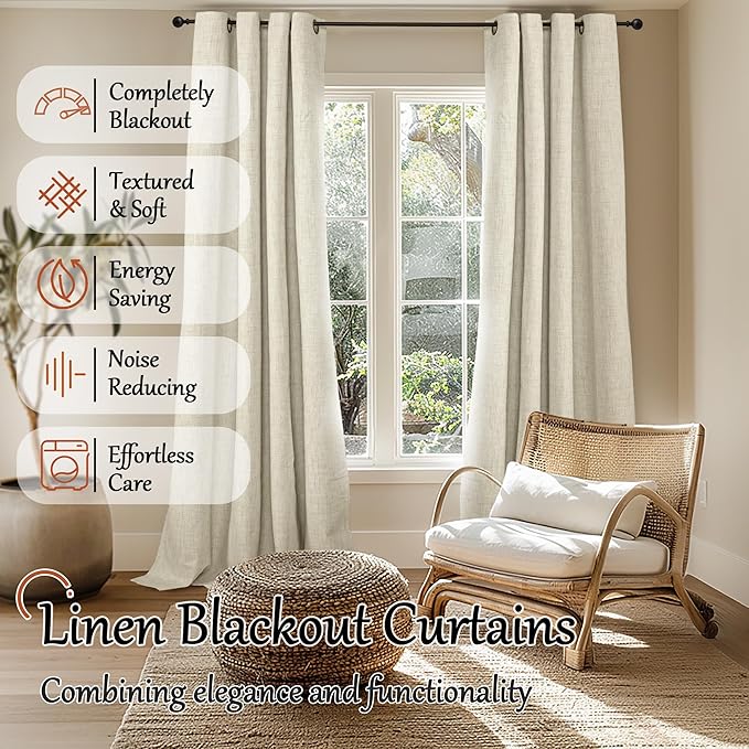 100% Blackout Curtains for Living Room 90 Inches Long 2 Panels, Faux Linen Textured Linen Floor Length Thermal Insulated Bronze Grommet Boho Window Energy Save Drapes, Each 52" Wide, Natural