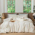 MooMee Striped Duvet Cover Set 100% Washed Cotton Linen Like Textured Breathable Durable Soft Comfy (Almond Milk Grey Pinstripes, Twin 68"x90")