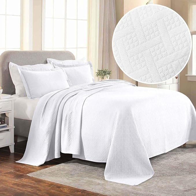 Superior 100% Cotton Basket Weave Bedspread with Shams, All-Season Premium Cotton Matelasse Jacquard Bedding, Quilted-Look Geometric Basket, Twin, White