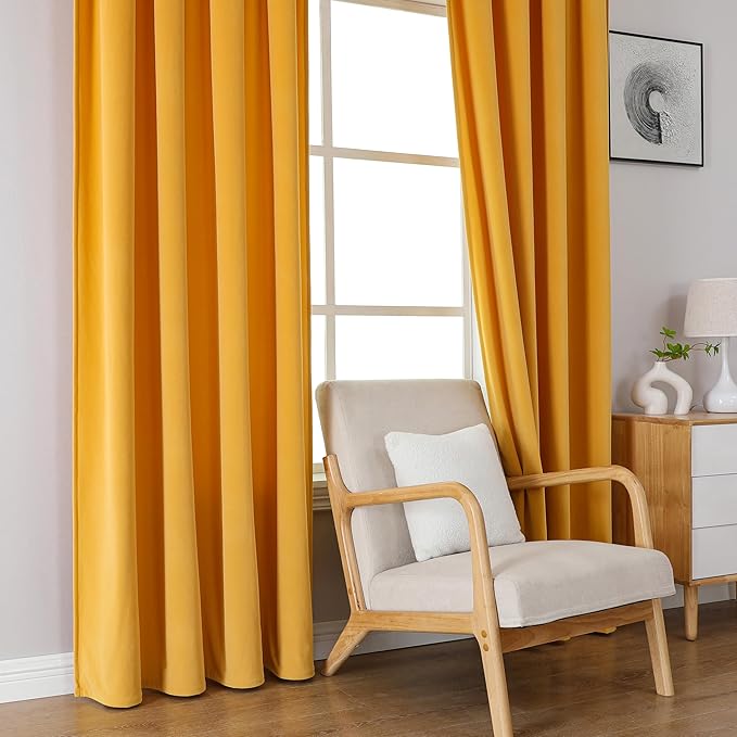 Joydeco Yellow Velvet Curtains 96 inch Length 2 Panels, Luxury Blackout Rod Pocket Thermal Insulated Window Curtains, Super Soft Room Darkening Drapes for Living Dining Room Bedroom,W52 x L96 inches