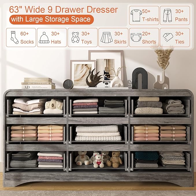 4 Piece Bedroom Set, Dresser and Nightstand Sets, Including Modern Wooden Large 9 Drawers Dresser and Tall 6 Drawer Dressers & Night Stand Set of 2 for Bedroom, Grey