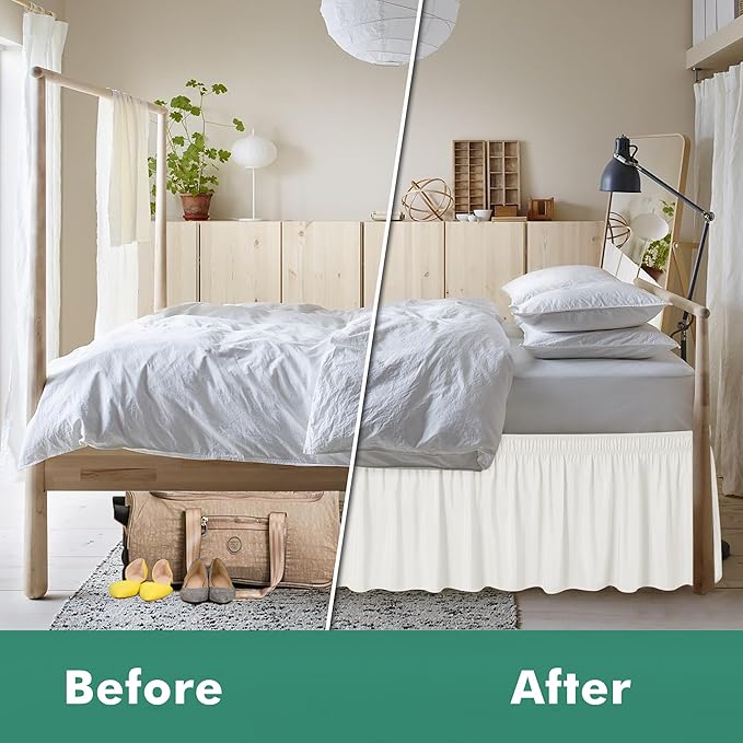 Biscaynebay Wrap Around Bed Skirts with Split Corners for King Beds 14" Drop, Ivory Elastic Dust Ruffles Adjustable Easy Fit Wrinkle & Fade Resistant Silky Luxurious Fabric Machine Washable