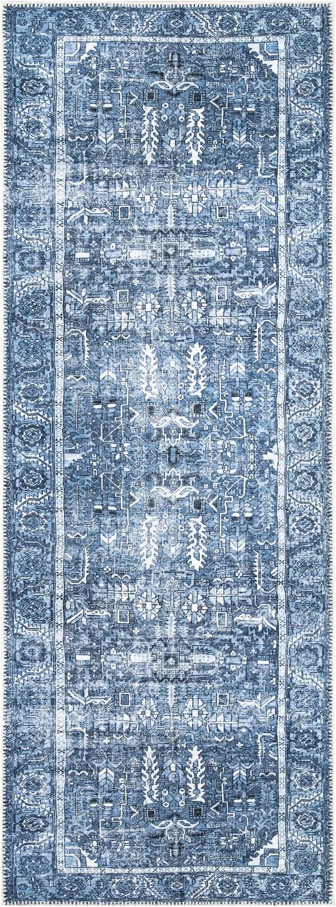 Bloom Rugs Washable Non-Slip 12 ft Runner - Blue Traditional Runner for Entryway, Hallway, Bathroom, and Kitchen - Exact Size: 2.5' x 12'