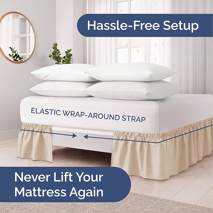 Wrap Around Dust Ruffle Bed Skirt - Cream - for King Size Beds with 15 Inch Drop - Easy Fit Elastic Strap - Adjustable Pleated Bedskirt w/Brushed Fabric - Wrinkle Free - for Women, Men, Kids & Teens
