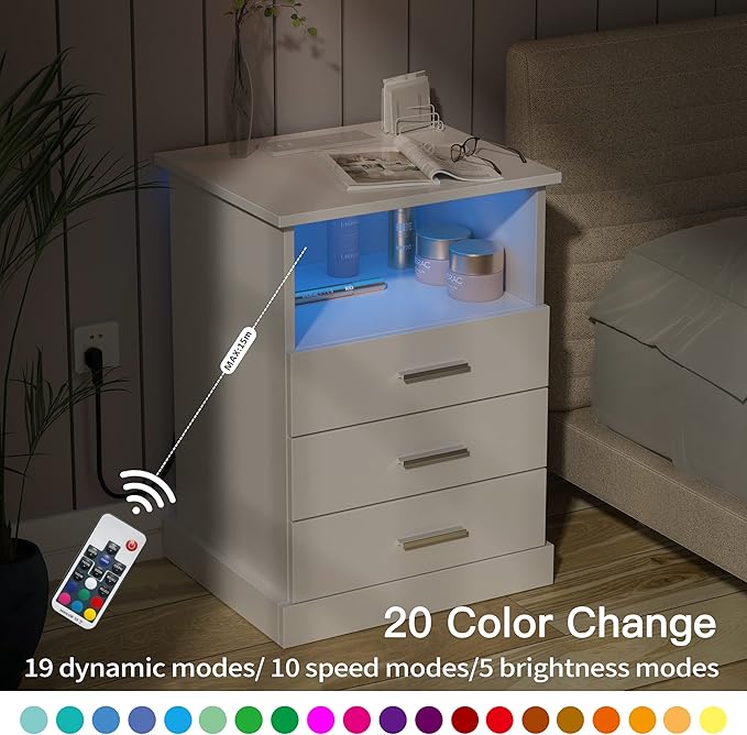 Halitaa Nightstand with Charging Station, LED Lights Side Table with 3 Drawers, End Table for Bedroom Ofiice White 2 Set