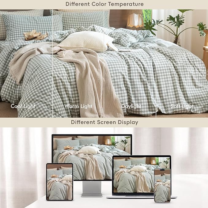 MooMee Gingham Duvet Cover Set 100% Washed Cotton Linen Like Textured Breathable Durable Soft Comfy Modern Checkered Design (Sage Green Gingham, Queen 90"x90")
