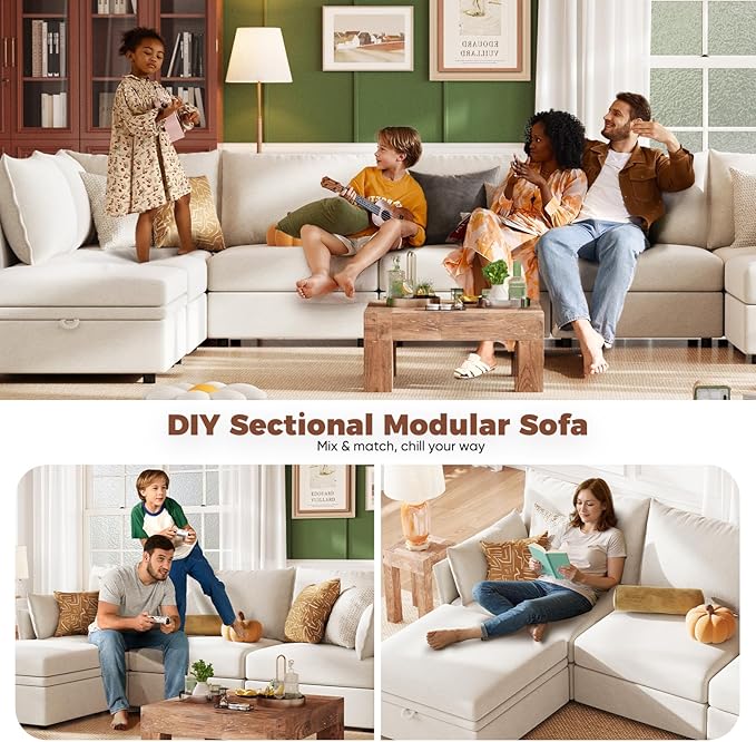 ABCASA 134.6" Oversized Modular Sectional Sofa, 6 Seater U Shaped Couch with Storage Ottoman with Reversible Chaise Deep Seat for Living Room, Apartment - Chenille White