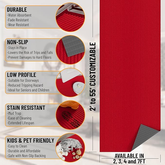 Ottomanson 6'6" x 16' Hallway Runner with Scraper Pile Extra Durable Non-Slip Rug Mat for Indoor & Outdoor Use - Ideal for Kitchen, Entryway, Patio & Garage - High-Traffic Carpet, Red