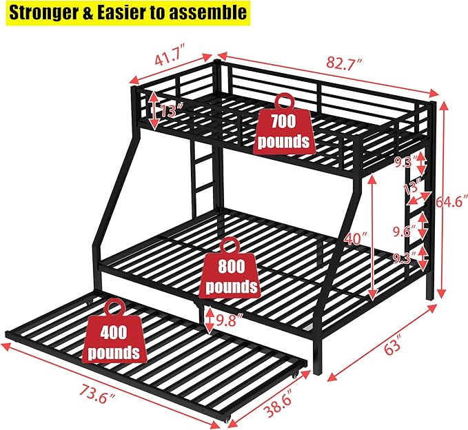 SIGONE Stronger & Safer Heavy Duty Twin XL Over Queen Bunk Bed with Twin Trundle for Adults Teens, Thickened More Stable Metal Bunkbed Frame (Greater Weight Capacity)