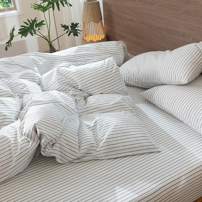 MooMee Striped Duvet Cover Set 100% Washed Cotton Linen Like Textured Breathable Durable Soft Comfy (White Heathered Green Wide Stripes, Queen 90"x90")