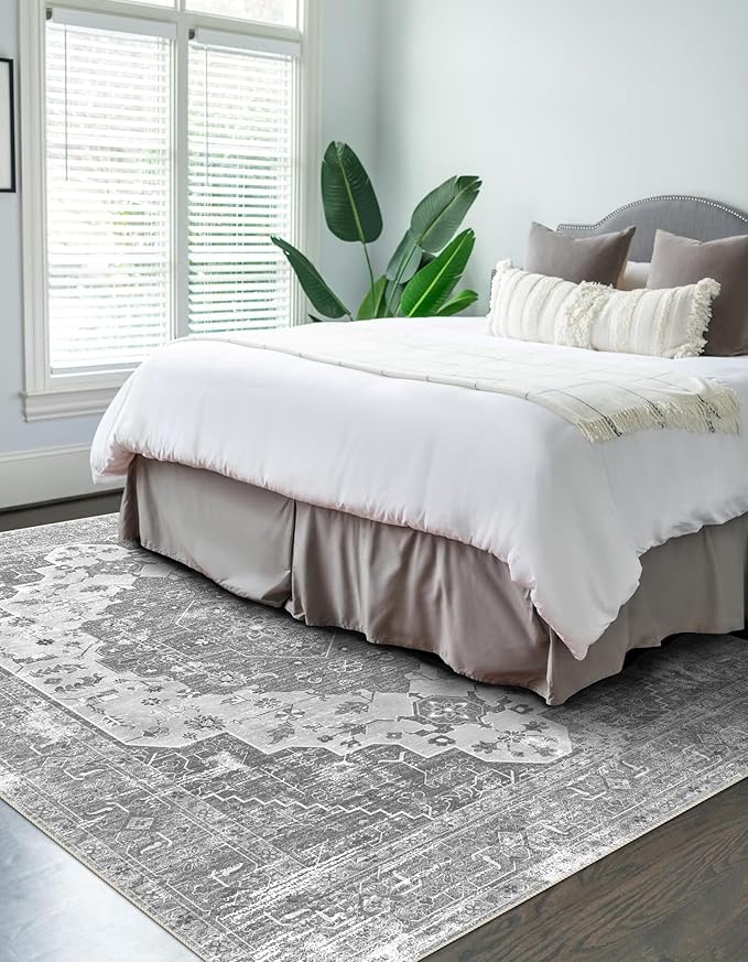 vivorug 3x5 Area Rugs, Stain Resistant Washable Rug for Living Room, Vintage-Inspired Grey Floral Rug