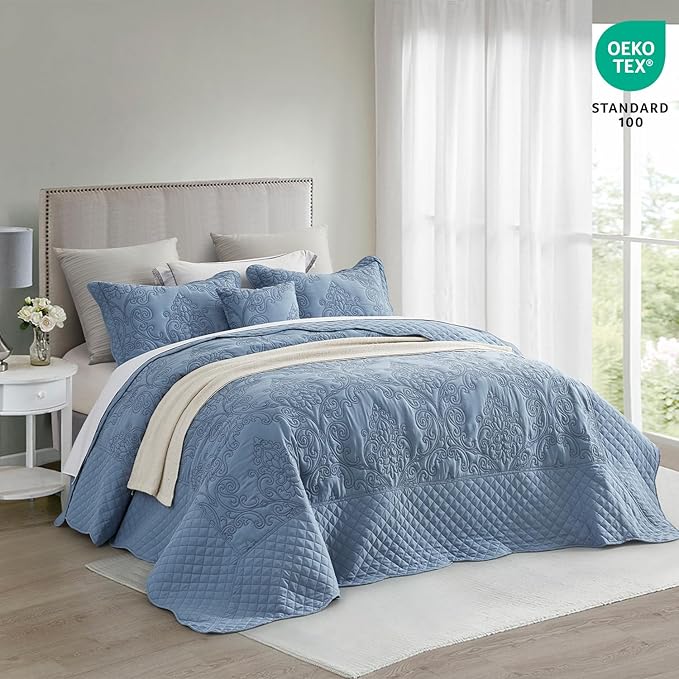 CHIXIN Oversized King Bedspread 128x120 Extra Wide - Lightweight Bedding Cover - Beautiful Stitching - 5 Piece Reversible Bedspread - Luxury Damask Paisley Pattern (King/Cal King, Ashley Blue)