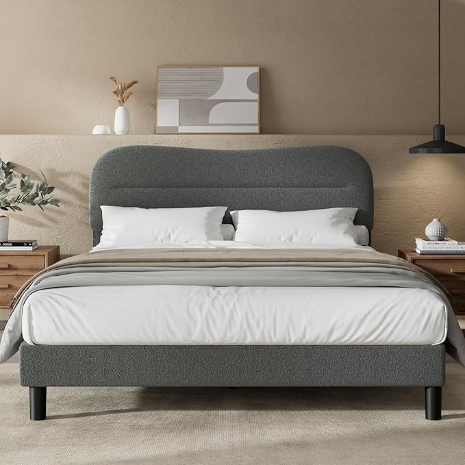 Queen Size Bed Frame with Headboard, upholstered Bed Frame Queen Size, Teddy Soft Boucle Fabric, Soft Cloud Marshmallow Shape Upholstered Headboard, No Box Spring Needed, Noise Free (Grey)