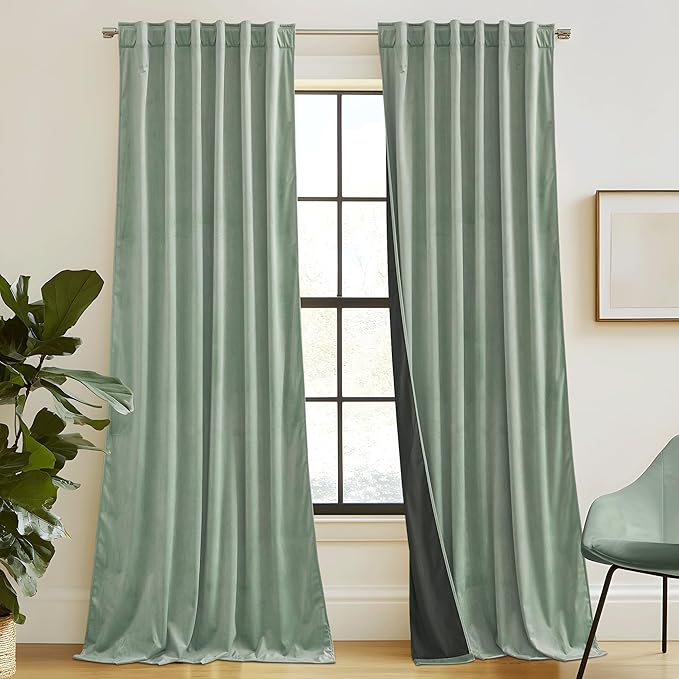 RYB HOME Mint Green Velvet Curtains 96 inches Long, Room Darkening, Floor-Length, Coastal Style Back Tab Velvet Drapes for Nursery Living Room Office, 52" W x L96 L, Auqa