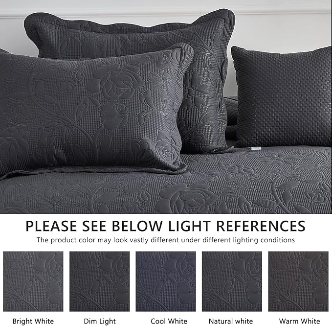 CHIXIN Oversized Bedspread Coverlet Set King Size - Lightweight Bedding Cover - Ultrasonic Quilting - 5 Piece Reversible Bedspread - Vintage Rose Pattern (King, Dark Grey)