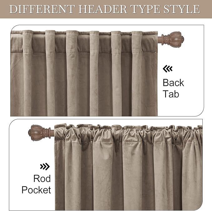 RYB HOME 72 inches Velvet Curtains for Farmhouse - Earth Tone Privacy Blackout Energy Efficient Window Treatment for Home Office Closet Cover, W52 x L72 inches, Taupe, 2 Pieces