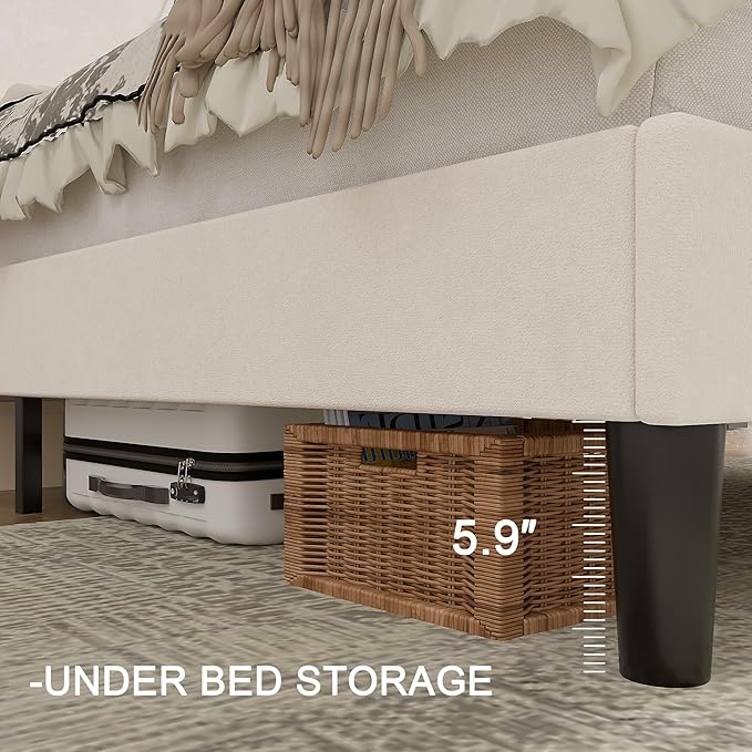 VECELO Full Bed Frame with Upholstered Wingback Headboard, Heavy-Duty Platform Bedframe with Charging Station, Wooden Slats, No Box Spring Needed, Beige