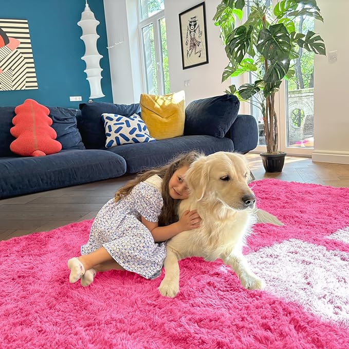 OLANLY 2x8 Machine Washable Runner Rugs for Hallway, Soft Fluffy Shaggy Bedside Rugs for Bedroom, Living Room, Indoor Floor Carpet for Kids Girls Boys, Nursery Rooms, Home Decor Aesthetic, Hot Pink