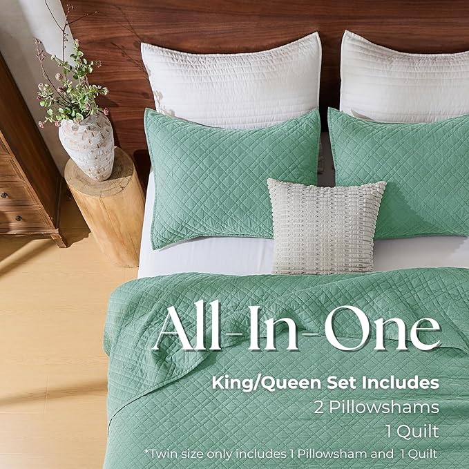 King Quilt Set with Shams Lightweight Quilted Bedspread Coverlet Thin Comforter Bed Cover Vintage Washed Quilted Blanket for All Season, Brushed Microfiber Diamond Stitching, Green, 104"x92"