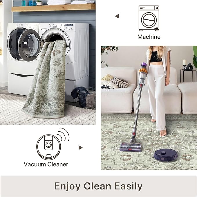 vivorug Sage Green 9x12 Area Rugs for Living Room, Non Slip Machine Washable Vintage Rug, Ultra-Thin Lightweight Large Area Rug for Bedroom, Dining Room, Low Pile Rug