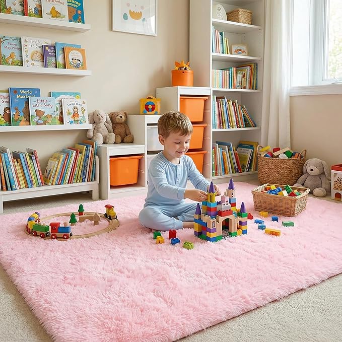 duduta 6x9 ft Pink Rectangle Fluffy Rug, Shag Fuzzy Plush Rectangle Carpet for Bedroom Nursery Living Room Home Decor