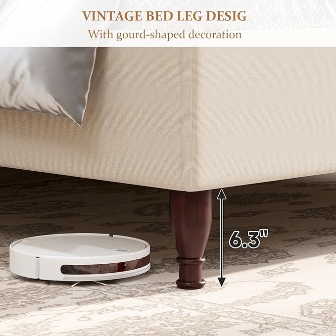 koorlian Queen Size Bed Frame Upholstered Platform Bed with 51" Tall Headboard Wingback, Soft Fabric, Retro Simple Style Platform Bed No Box Spring Needed, Easy Assembly, Beige