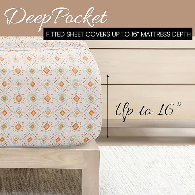 Linen Market Double-Brushed Patterned Microfiber Full Sheet Set 4 Piece – Oeko-TEX Certified Ultra Soft & Wrinkle-Free - 16" Deep Pocket Sheets - Easy Care Full Size - Aztec Dreams Coral