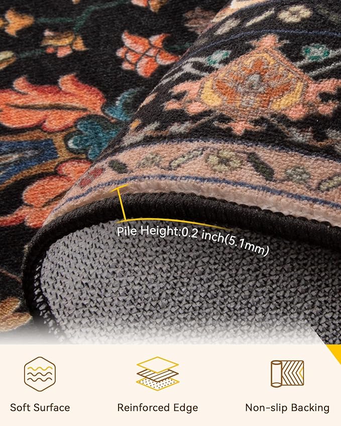 Area Rugs 7ft Washable Non-Slip, Floral Vintage Distress Print Pattern Medallion Carpet for Living Room Bedroom Dining Room, Black Colorful Floral Dark Tan
