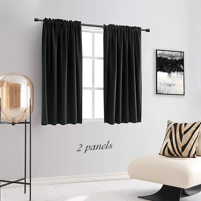 DONREN 48 Inch Length Short Curtains for Kitchen - Small Window Treatment Rod Pocket Blackout Curtain Drapes (1 Pair,Black,52 Inches Wide by 48 Inches Long)