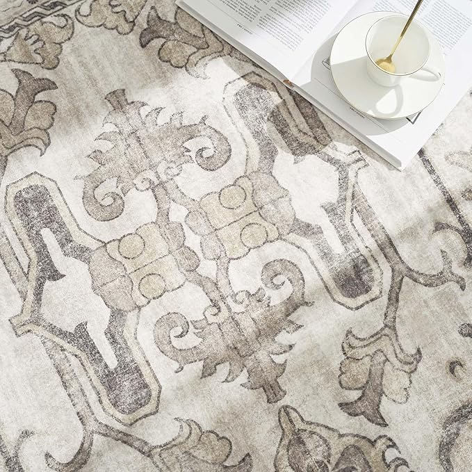 jinchan Round Rug 5ft Area Rug Indoor Vintage Floral Circle 5' Washable Ultra-Thin Low Pile Soft Small Non Slip Distressed Print for Living Room Dining Room Bedroom Entryway Taupe
