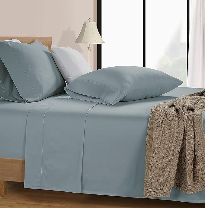 LANE LINEN 100% Cotton 600 Thread Count Twin Bed Sheets - Mercerized Cotton Fully Elasticized Sheets Twin Size, Ultra Soft & Comfy Sateen Weave Bedding Sheets & Pillowcases Sets - French Blue