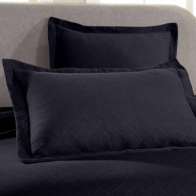 Superior 3 Piece Basketweave Cotton Bedspread Set, Home Bed Decor, Decorative Bed Spread, 2 Pillow Shams, Medium Weight Blanket, Matelasse Coverlet Bedding, Geometric Lattice Pattern, Queen, Navy Blue