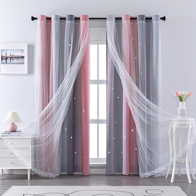 XiDi Curtains for Bedroom Decor, Rainbow Pink-Grey-52-90