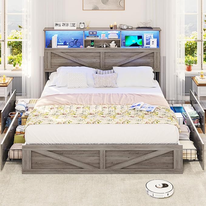 VIAGDO Farmhouse Bed Frame Queen Size with Bookcase Storage Headboard, Charging Station and LED Lights, Wooden Queen Bed Frame with 4 Drawers, Barn Door Design, No Box Spring Needed, No Noise, Grey