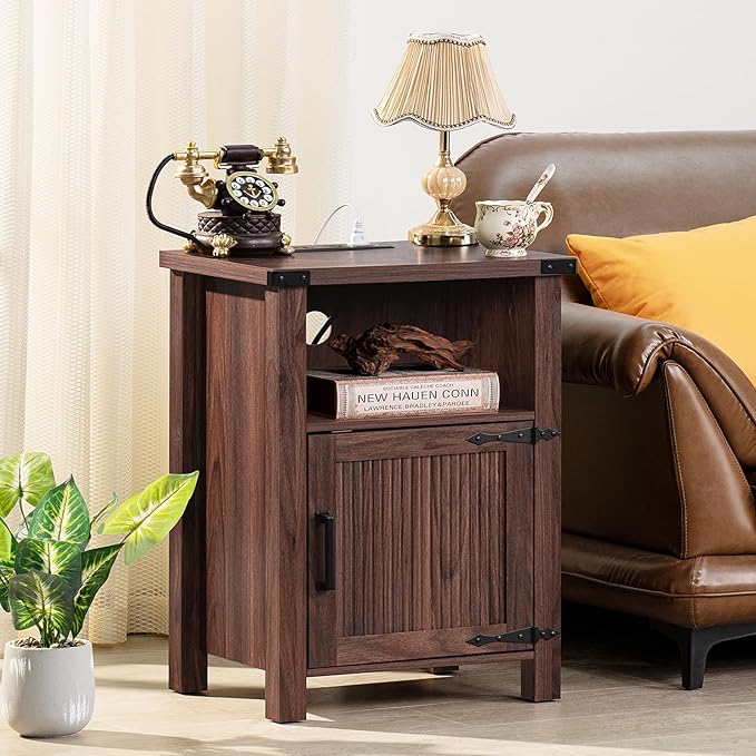 Joaxswe Night Stand Set of 2, 18 Inch Farmhouse Nightstand with with Charging Station and USB Port, Rustic Wood Bedside Table with Magnetic Door, Bed Side Tables for Bedroom, Brown Walnut