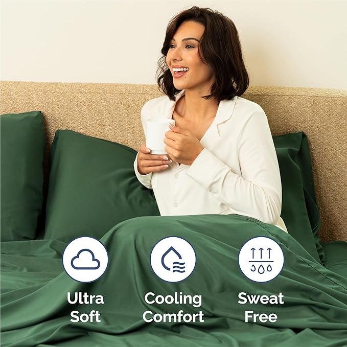 Queen 6 Piece Sheet Set - Cooling, Comfy & Breathable - Hotel Luxury Bedding, Includes Fitted Sheet for Women, Men, Kids and Teens - 1 Flat, 1 Fitted Sheet, 4 Pillowcases with Deep Pockets - Emerald