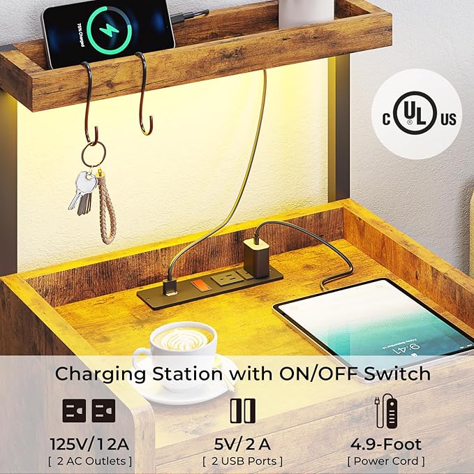 VIAGDO Nightstand with Charging Station and LED Lights, Rustic Brown Bedside Night Stands with 2 Drawers and Open Storage Shelves, Modern End Side Tables for Bedroom,Office
