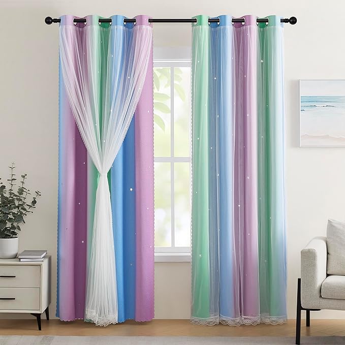 XiDi Blackout Curtains for Girls Kids Bedroom - Blue Purple Green Rainbow Unicorn Design, 34x63 Inch 1 Panel
