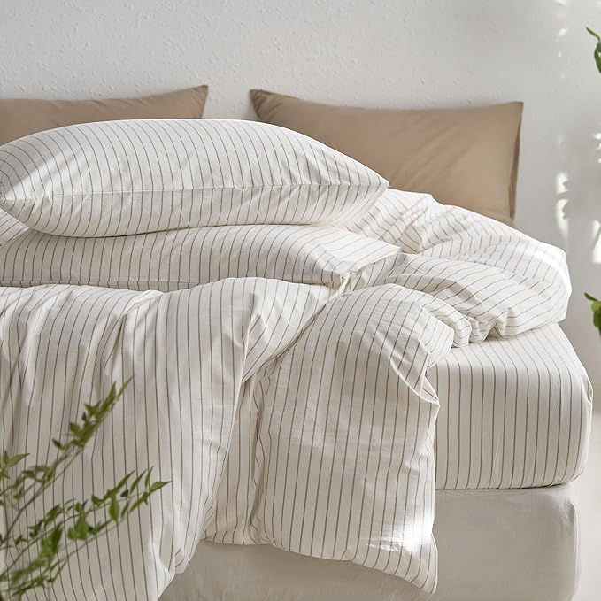 MooMee Striped Duvet Cover Set 100% Washed Cotton Linen Like Textured Breathable Durable Soft Comfy (White Tannish Linen Grey Wide Stripes, Super King 108"x98")