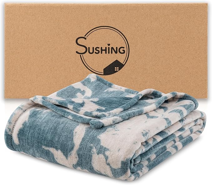 Luxury Printed Fleece Warm Blanket, Soft Lightweight Velvety Plush Throw for Couch and Bed, Cozy Comfy for All Seasons(Blue Floral Silhouette, 90×90 Inches)