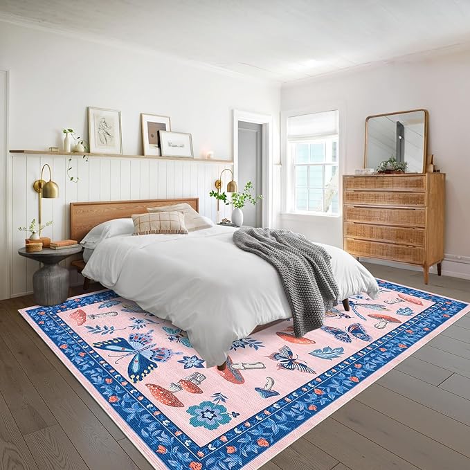 Mushroom Insect 8x10 Area Rugs, Washable Rugs for Living Room Non Slip Stain Resistant Low Pile Modern Butterfly Carpet for Bedroom Dining Room Nursery Playroom Office, Blue Pink